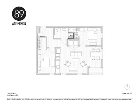Floor plan for 2 beds, 1 bath, 899 sqft